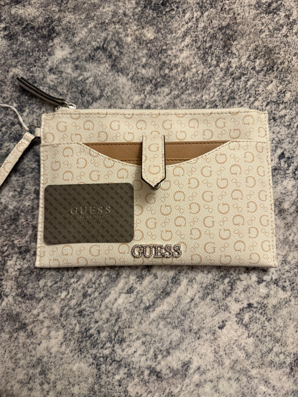 GUESS Cream Logo Wristlet Clutch with Tan Accent NWOT - Picture 2 of 6